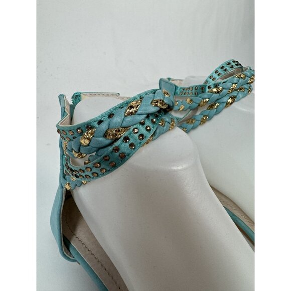 Turquoise Ankle Wrap Sandals With Gold Studs Size 7 By Mochi - Picture 14 of 16
